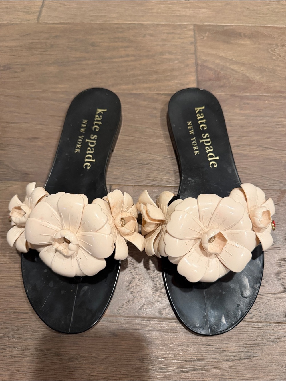 kate spade Black Slide Sandals with Cream Floral Appliqué